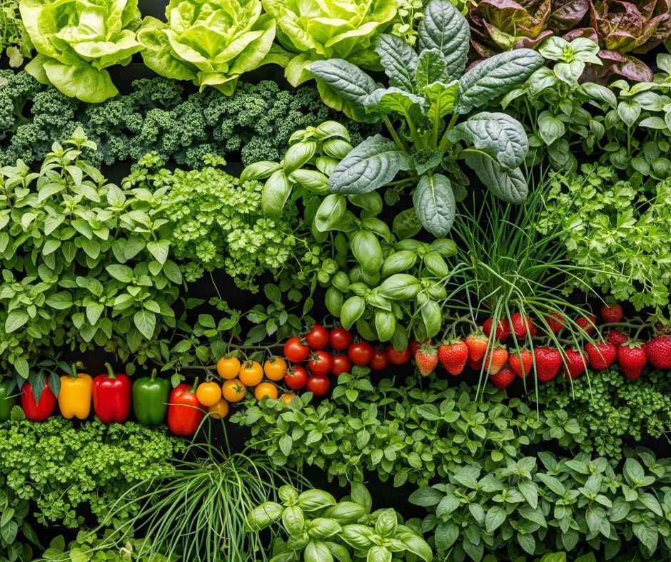 Rows of colorful vegetables and herbs, including lettuce, kale, spinach, basil, chives, cherry tomatoes, peppers, and strawberries, are densely planted in a vibrant and lush vertical garden.