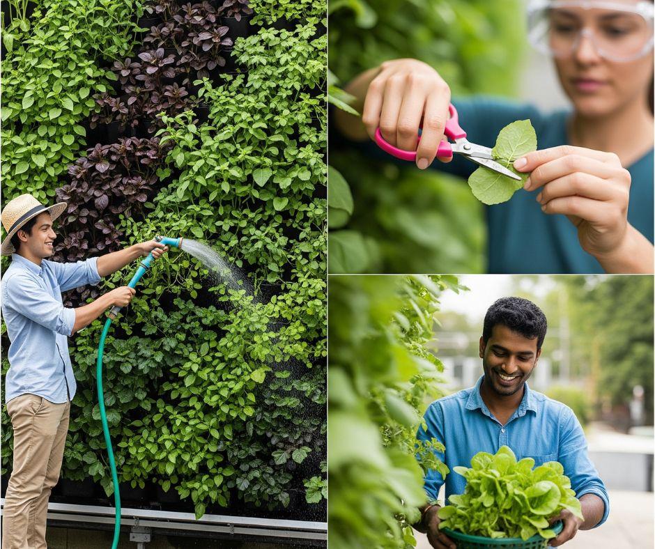 A collage of three images: a person watering green plants, someone trimming leaves with scissors, and a smiling person holding a basket of fresh leafy greens in a garden.