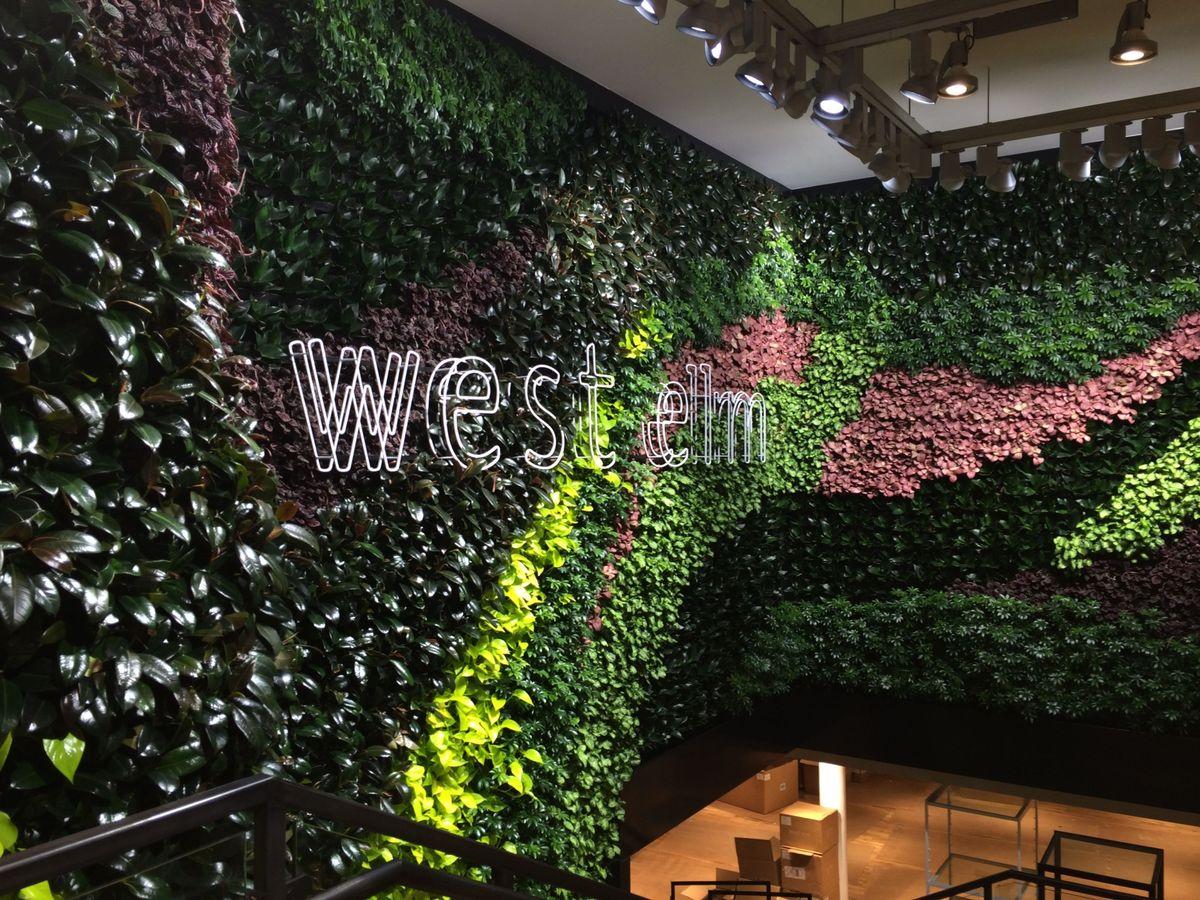 A large indoor living wall covered with green, purple, and pink plants forms the backdrop for a lit West Elm sign in a modern, well-lit space with a high ceiling.