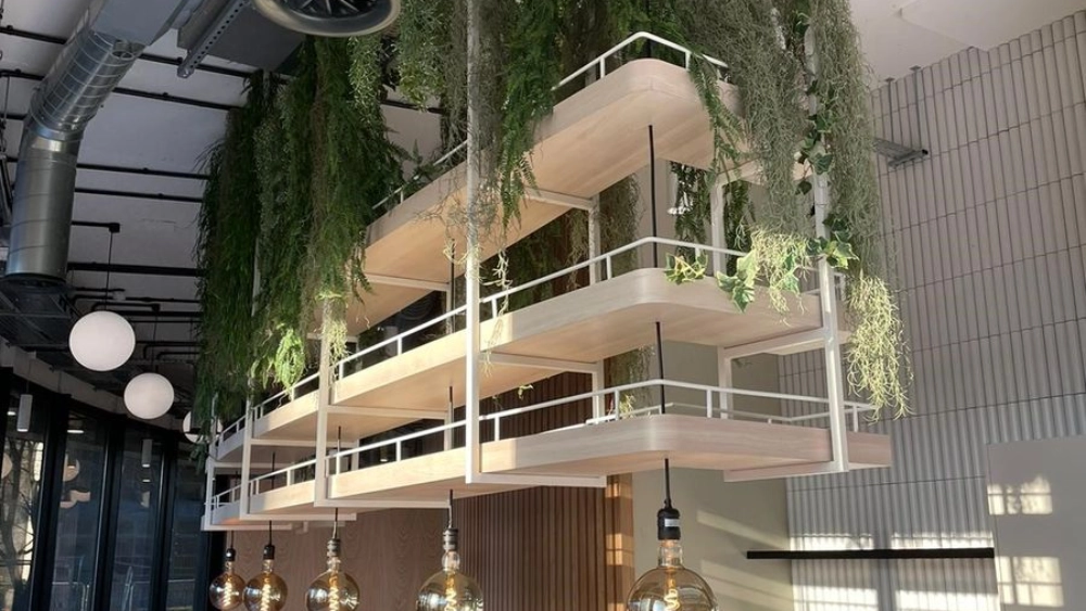 Plants hanging from the ceiling above a reception desk