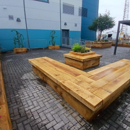 Wooden benches outside in a resting area