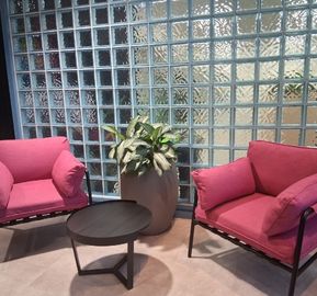 Two vibrant pink armchairs with matching side cushions arranged on either side of a small round black coffee table. Between the chairs sits a large potted leafy green plant, set against a backdrop of a textured blue glass-block wall