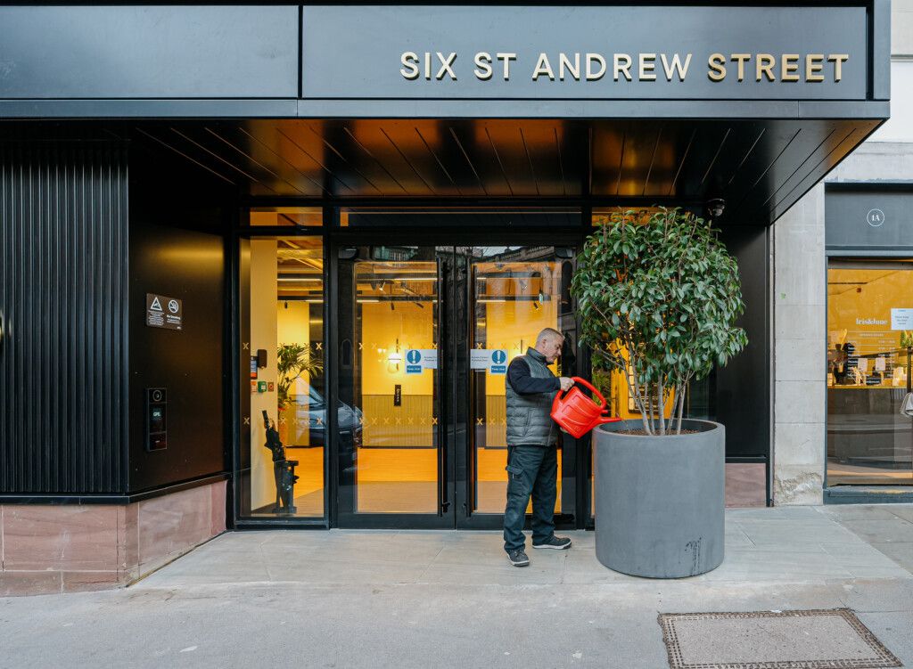 Man giving water  to a tree outside of an office