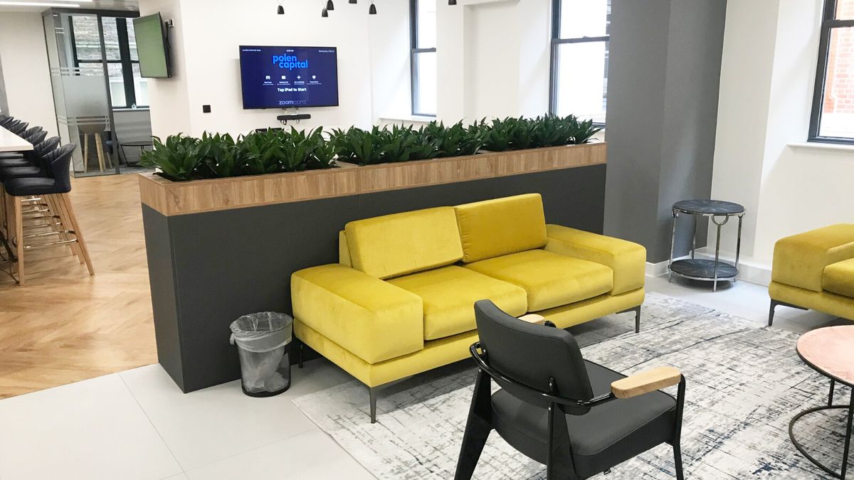 room with mustard couch with indoor plants displayed at the back