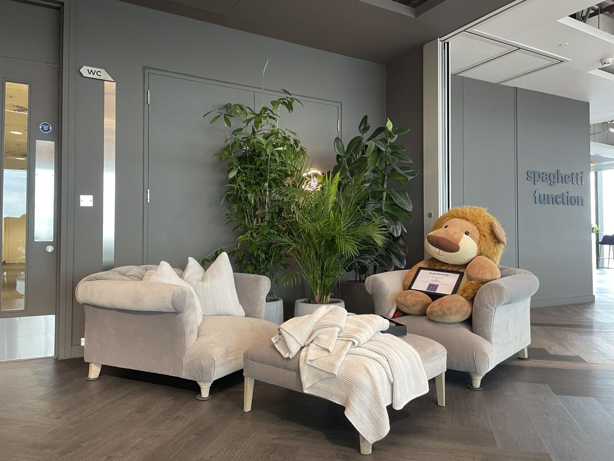 potted plants next to a seating area in an office