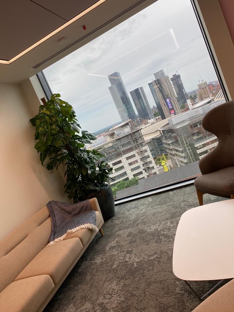 sitting area with a indoor plant by the window and a view 