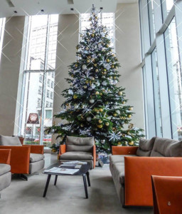 large christmas tree by a sitting area