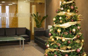 christmas tree at an angle in a sitting area