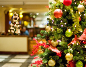 close up of a christmas tree at an angle