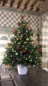 room with decorated christmas tree