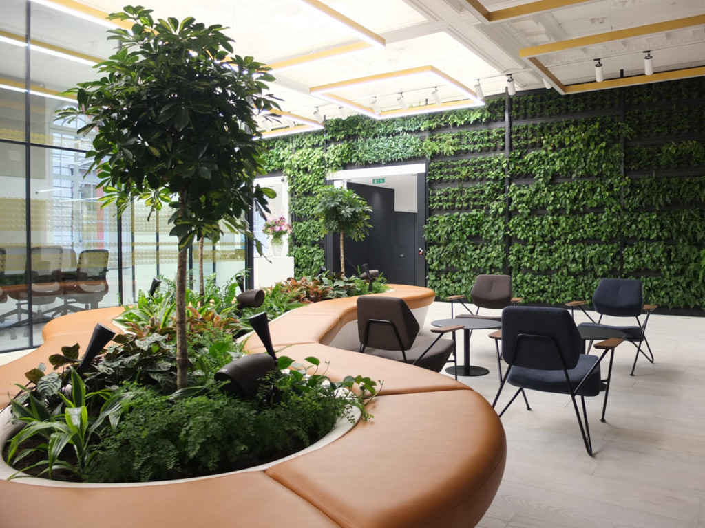 sitting area with plants and green plant wall