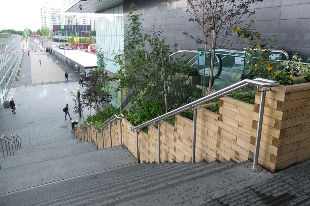 staircases with woodwork on the side with plants