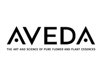 Aveda text in bold black with white background