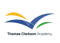 thomas clarkson academy text with yellow, green and blue design on top