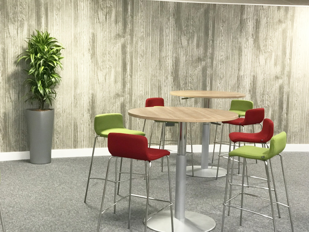 formal area with green and red chairs, tables with indoor plant against the wall