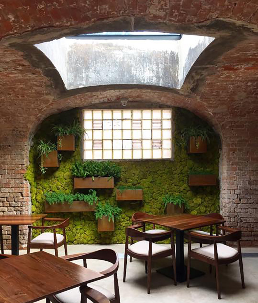 sitting area with moss wall and indoor plants displayed