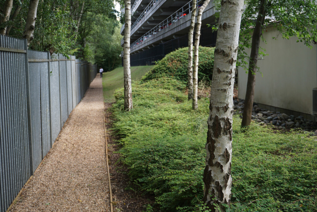 maintained green area outside building