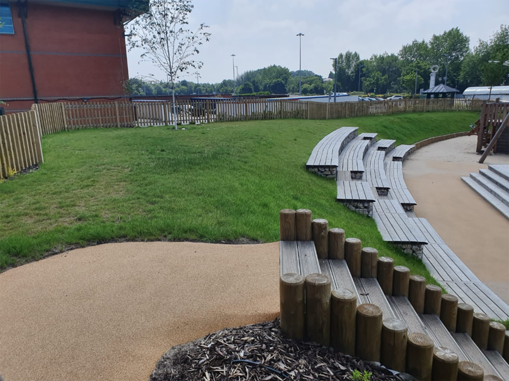 green grass in an open park with steps