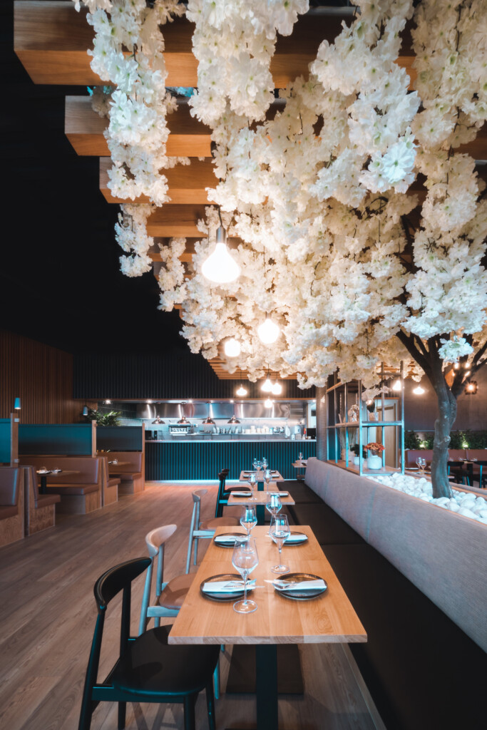 eatery with white tree growing all around the roof with hanging lights