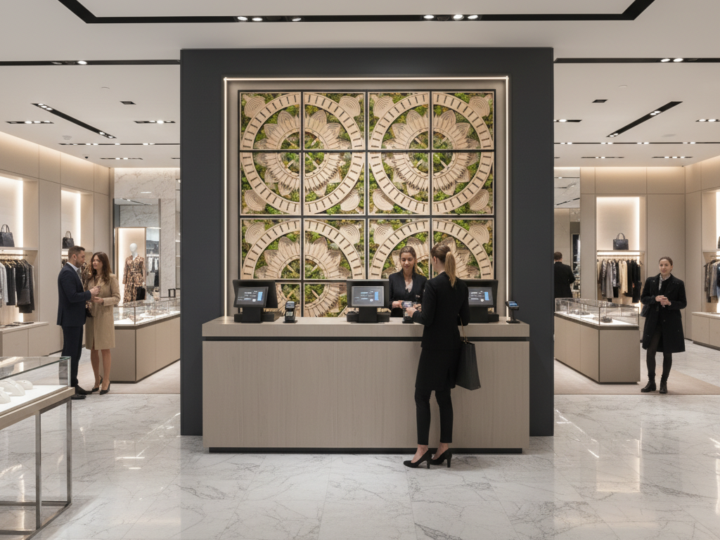 Biophilic Art design at a reception desk with moss